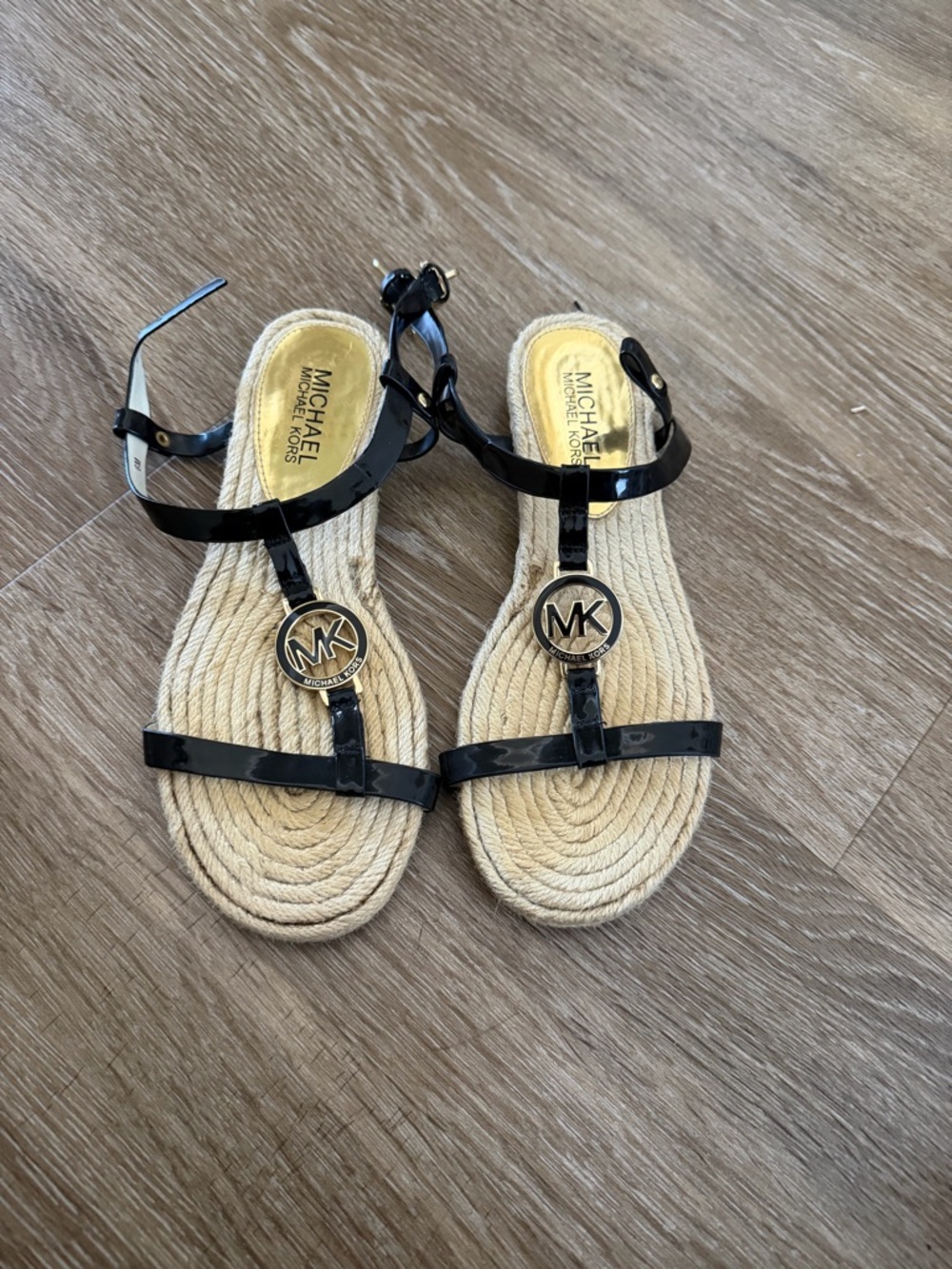 Michael Kors Black Patent Leather MK Medallion Espadrille Sandals